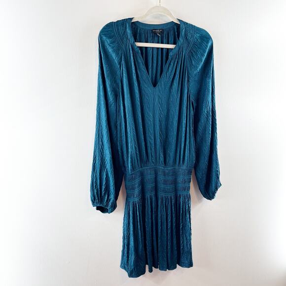 Current Air Long Sleeve Smocked Waist V Neck Satin Mini Dress Teal Medium - Picture 5 of 8